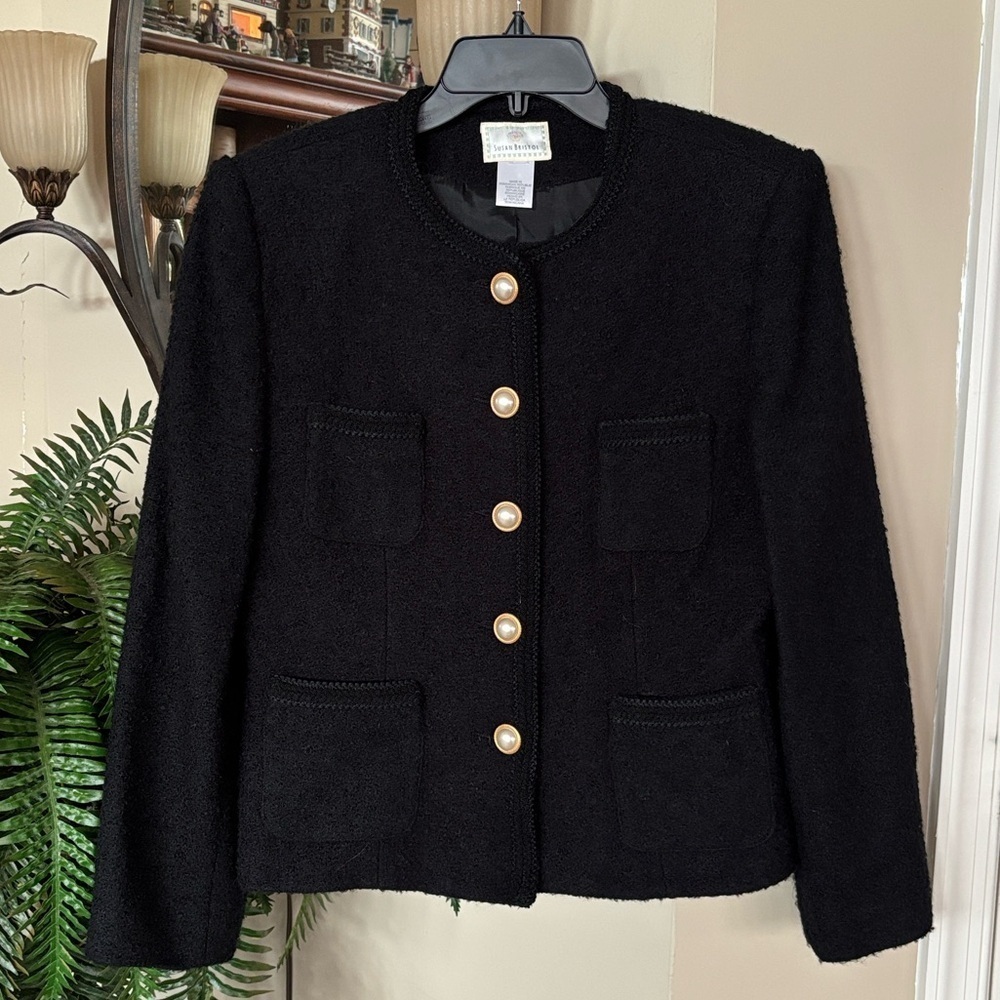 Vintage Susan Bristol Black Tweed Wool Blend Cardigan Suit Jacket Pearl Buttons